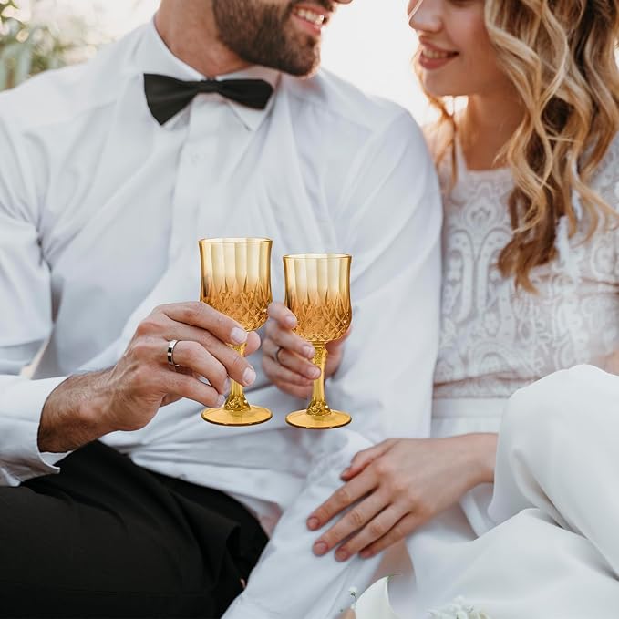 48 Pcs Plastic Amber Wine Drinking Glasses, Plastic Vintage Gold Champagne Vintage Wine Glasses, Unbreakable Goblets for Parties Wedding, Party, Red Wine Glass, Bars, Restaurants, 7Oz