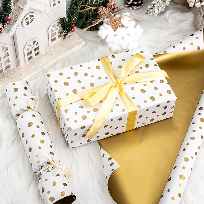 Burymento Golden Lrregular Wave Point Wrapping Paper, Reversible Gold Gift Wrap for Birthday, Valentines, Mothers day, Graduation, Wedding, Fathers day, Baby Shower, Christmas (17in x 16.4ft)