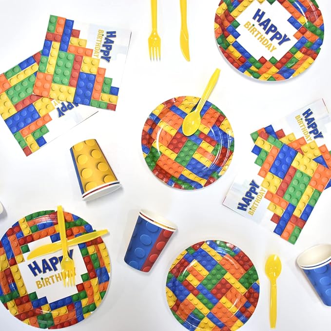 Dylives 180 Pcs Building Block Party Supplies - Birthday Party Decorations Kids Boys Disposable Tableware, Colorful Block Banner, 9" & 7" Plates Napkins Cups Cutlery, Serves 24