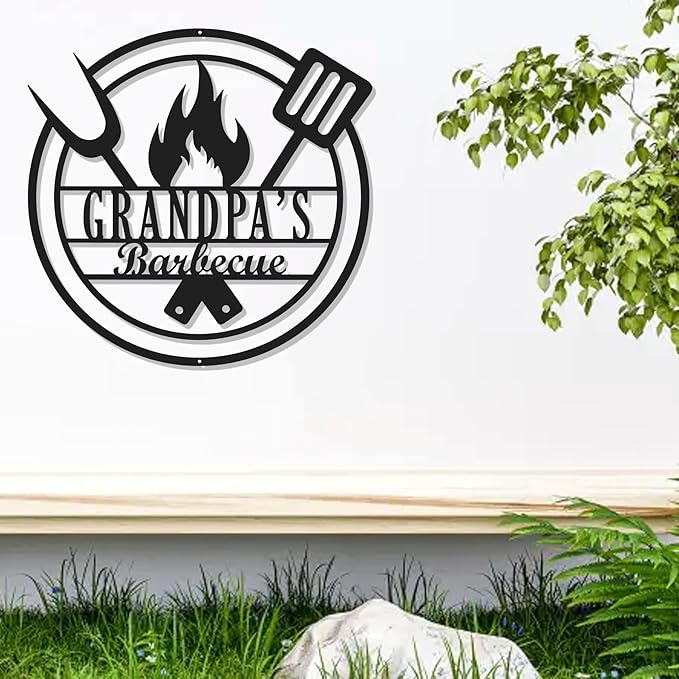 Metal BBQ Sign - Round Grill Barbecue Wall Decor - Retro Kitchen Zone Hanging Sign for Outdoor Backyard Wall Art Decoration