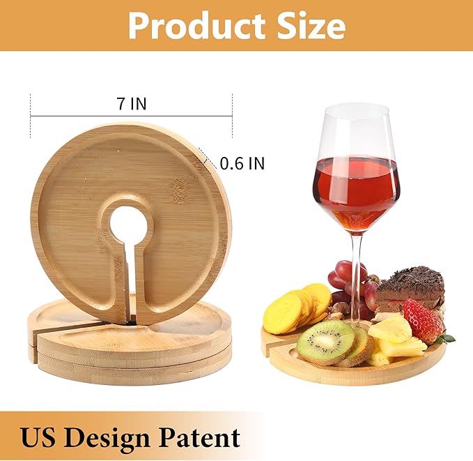 Mini Charcuterie Board with Wine Holder, Wine Glass Charcuterie Topper, Wine Gifts Accessories, Cheese Appetizer Plates for Wine Party Family Gatherings Bars Restaurants, 7.1'' Set of 4