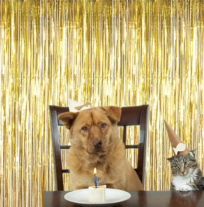 2 Pcs 3.2ft x 8.2ft Shiny Gold Metallic Tinsel Foil Fringe Curtains Photo Booth Backdrop for Birthday Wedding Holiday Celebration Bachelorette Party Decorations