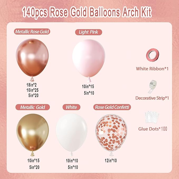Rose Gold Balloons Garland Arch Kit, 140pcs Rose Gold Pink White Gold Confetti Latex Balloons for for Wedding Bridal Shower Princess Party Girl Birthday Baby Shower Decorations