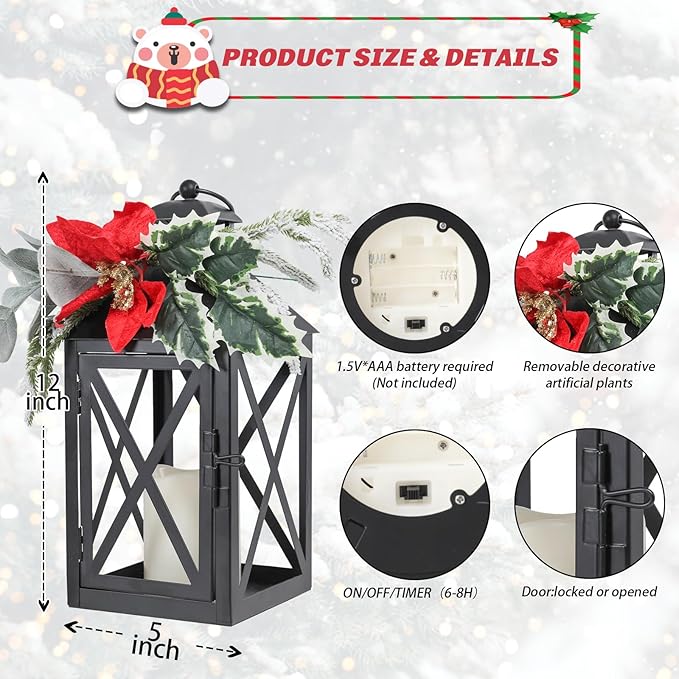 Christmas Lanterns Decorative Indoor, 2 Pack Christmas Lantern Outdoor, 12 Inch Decorative Candle Lanterns Flameless Light with Floral and Greenery for Table Centerpieces,Home, Porch Decor