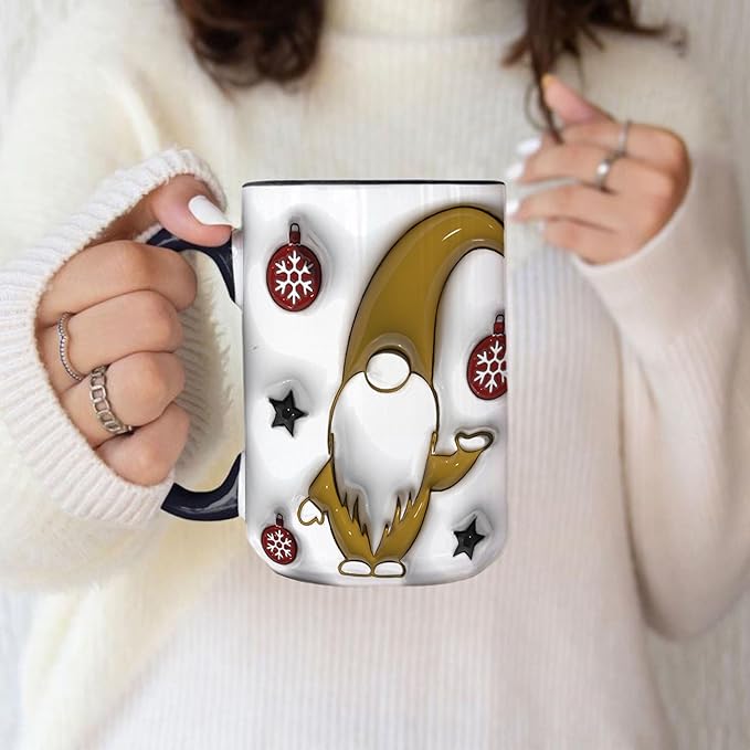 Less People More Gnomes Funny Christmas Inflated 3D Wrap Mugs, Two-Tone Accent Ceramic Coffee Drinking Cups, 11oz 15oz