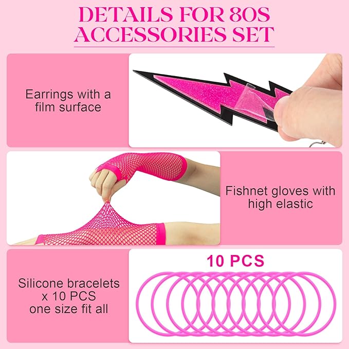 80s Outfit for Women, Fancy Dress Costume Accessories Lace Headband Earrings Fishnet Gloves Necklace Bracelet for Women 80s Themed Party