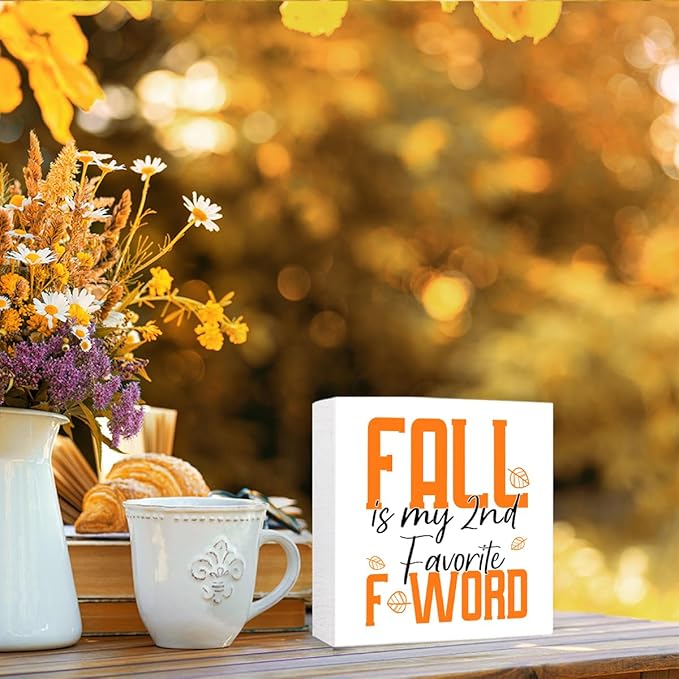 Funny Autumn Wood Box Sign Fall is My 2nd Favorite Feword Wooden Block Desk Decor for Home Office Kitchen Cubicle Table Shelf Tabletop,Farmhouse Fall Sign Decor