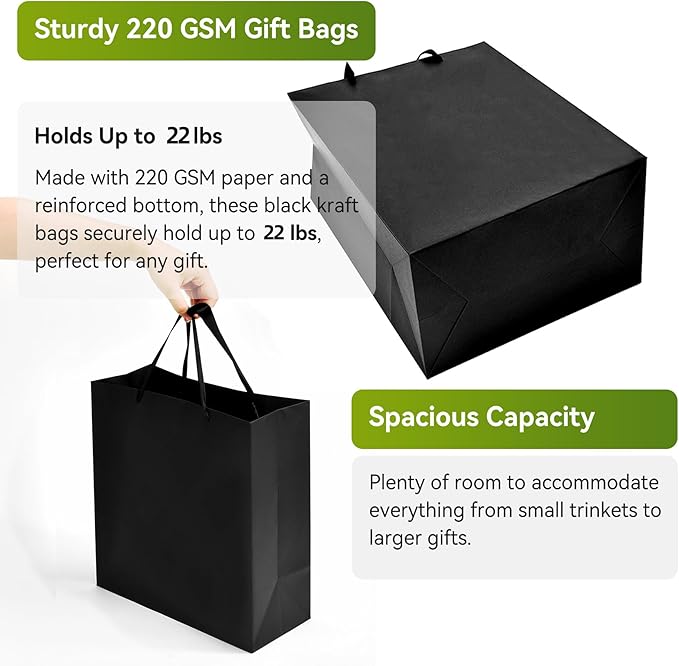 Black Gift Bags 9 Pcs, 8x5x10 Inch Medium Gift Bags, Bulk for Wedding, Party, Birthday, School Supply, Business and Shopping