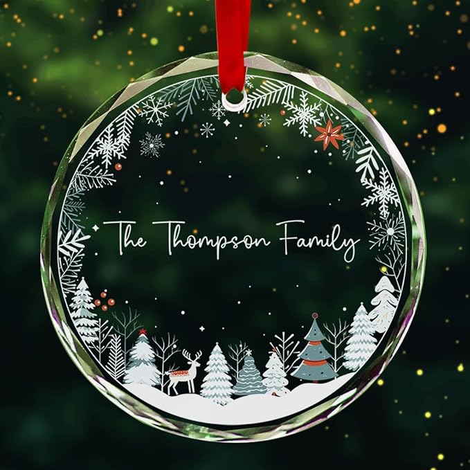 Personalized Round Christmas Crystal Glass Ornaments Custom Family Name Ornament for Christmas Tree Decor Customized 2025 Xmas Tree Hanging Gifts for Freinds Loves