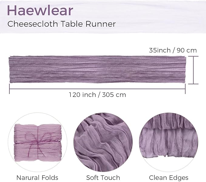 20PCS Grape Cheesecloth Table Runner 10ft Boho Gauze Fabric Cheese Cloth Table Runner Comes with 20 Cloth Napkins Runner for Romantic Wedding Birthday Shower Party Table Decoration