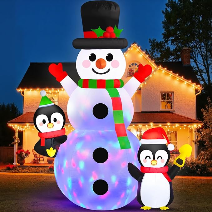 Danxilu 6FT Christmas Inflatable Snowman with Penguins Built-in Rotating Colorful LED Lights Outdoor Decorations- Blow Up Snowman and 2 Penguins Decor for Yard Garden Lawn Porch Xmas Holiday Party