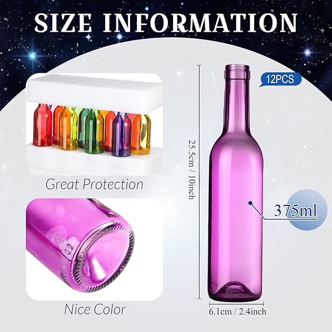 Rtteri 24 Pcs Decorative Colored Wine Bottles 375ml Empty Glass Bottles for Flowers Wedding Decor Centerpiece Christmas Party Favor DIY Crafts (Multicolor)