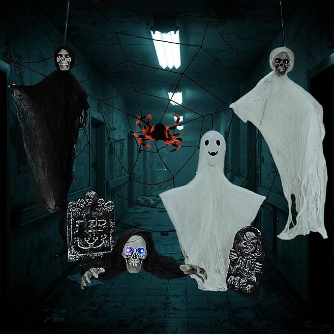 VINGLI Halloween Hanging Decorations, Flying Skeleton Reapers Ghosts, Spiders & Spider Webs, Tombstones with RIP Sign, with Lighted Up Eyes, 8 Pack for Indoor Haunted House Party Outdoor Graves Garden