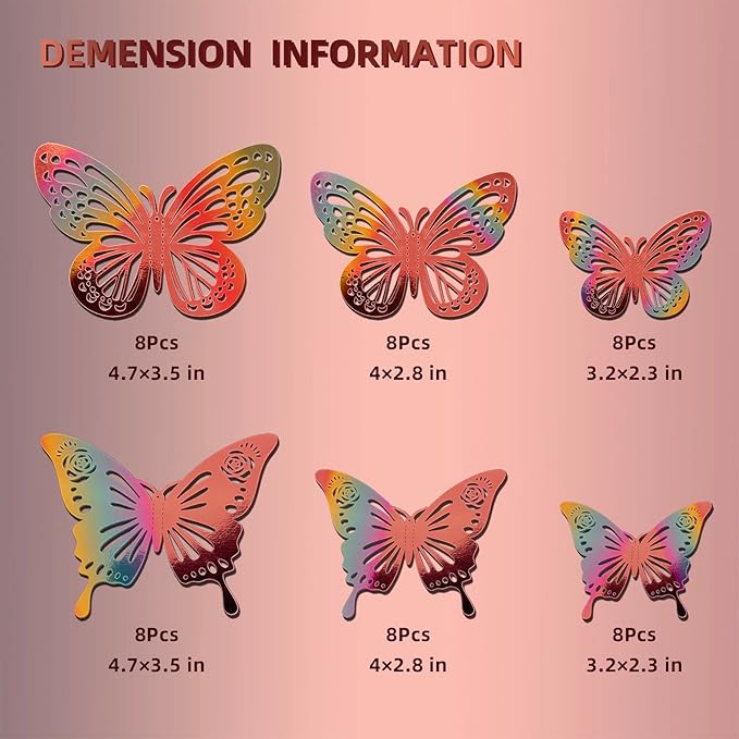Laser Rose Gold Butterfly Wall Decor, 48Pcs Removable Graduation Grad Cap Decorations Cake Cupcake Toppers, 2 Styles 3 Sizes Paper Butterflies Stickers for Birtthday Party Baby Shower Girl Room Decals