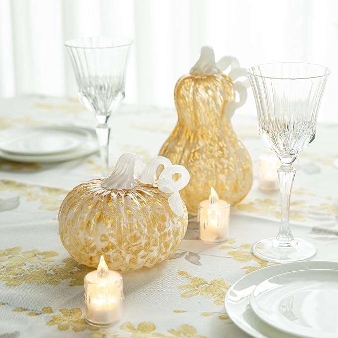 Glitzhome Hand Blown Glass Pumpkin Decor 5" Amber - Artisan Fall Harvest Thanksgiving Table Centerpiece Halloween Home Decor
