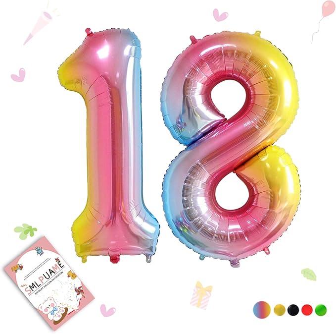 Smlpuame 40 Inch Number Balloons 0-9 Rainbow Gradient Large Number 18 Balloons, Digital Balloons for Birthday Party Celebration Decorations, Helium Foil Number Balloons for Wedding Anniversary