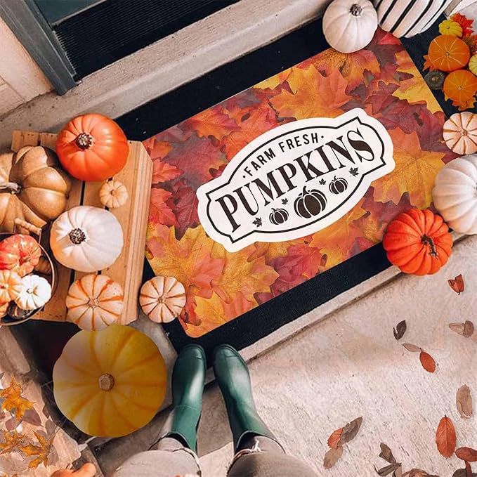 InterestPrint Thanksgiving Doormat Fall Door Mat, Fall Maple Leafs Welcome Door Mats Outdoor Indoor Autumn Leaves Doormat, Harvest Pumpkin Door Rug for Thanksgiving Farmhouse Decor, 30"x18"inch