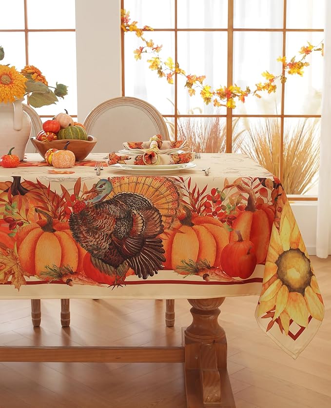 Honellaty Thanksgiving Rectangle Table Cloth 60x102 Inch, Fall Turkey & Pumpkin Tablecloth for Dinner, Thanksgiving, Harvest, Holiday Decor