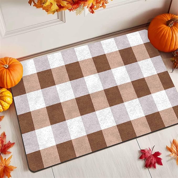 Fall Door Mat Orange and Black Buffalo Plaid Welcome Doormat Farmhouse Floor Mat Non-Slip Entrance Hello Rug Door Rugs for Indoor Outdoor Home Decor, 24"x16"inch