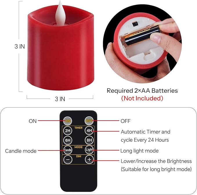 3x3 Flickering Flameless Candles Set of 1, Real Wax Pillar LED Candles Flickering, 3 inch Flameless Candles with Remote,Battery Powered Candles, for Party/Wedding,Red