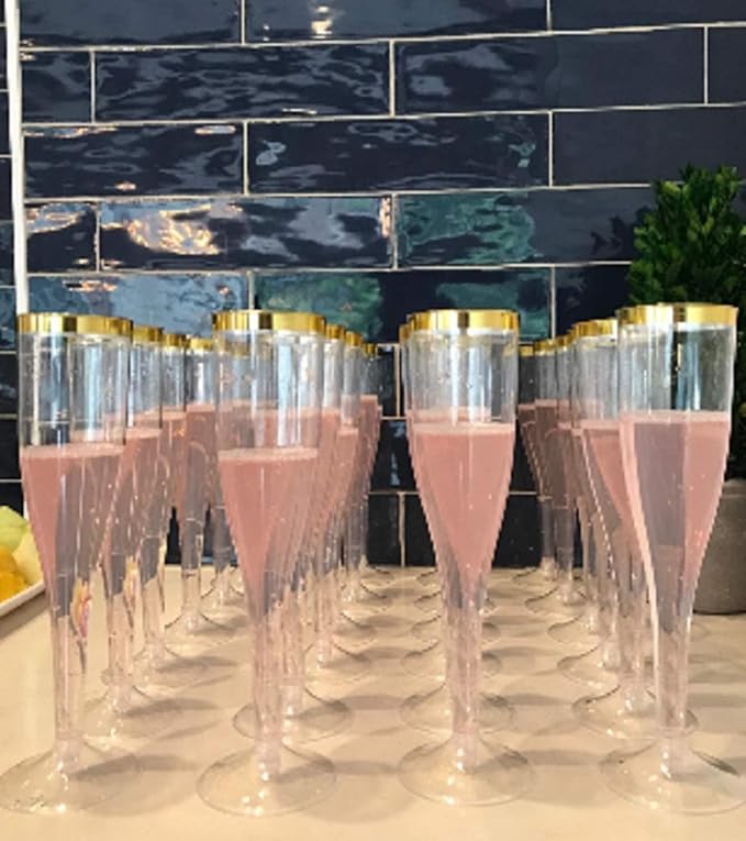 Oojami 100 Plastic Classic Champagne Disposable Flutes for Parties Plastic cups Wedding Party Toasting Cocktail Cups Bulk Party Pack (Gold Rim)