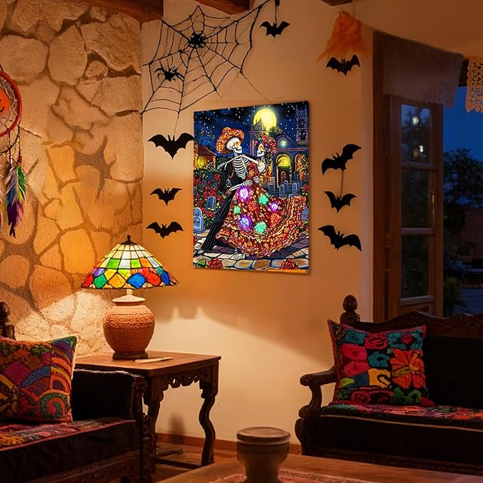 Artiluxy Ghost Bride Skeleton Couple Dance LED Wall Art - 16x20 Inch Day of the Dead Decor with RGB Color Changing Lights & Auto Timer, Vertical Hanging Gifts for Halloween