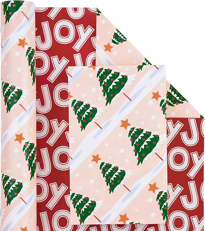 WRAPAHOLIC Reversible Christmas Wrapping Paper - Mini Roll - 17 Inch x 33 Feet - Christmas Tree Wrapping Paper with Joy Lettering Perfect for Holiday, Party, Celebration