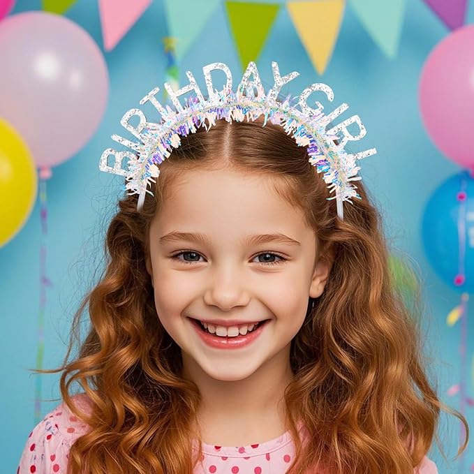 Jaciya Birthday Girl Glitter Headband for Women Girls Sparkling Silver Party Hair Accessories with Confetti Tinsel