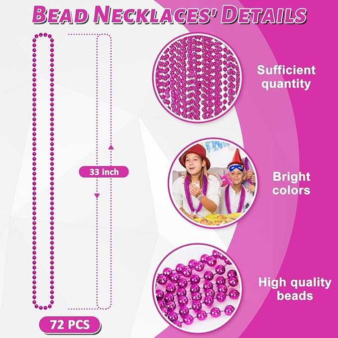 72PCS Bead Necklace, 33" Rose Red Bead Necklaces Bulk, Mardi Gras Beads Necklace Costume, Festival Parade Throw Accessories for Wedding Birthday Gender Reveal Party Events Supplies Decorations