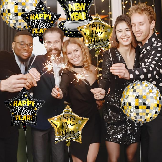 7pcs 22 Inch Happy New Year Balloons, Disco Ball Balloons And Star Foil Balloon For 2026 New Years Eve Party Supplies