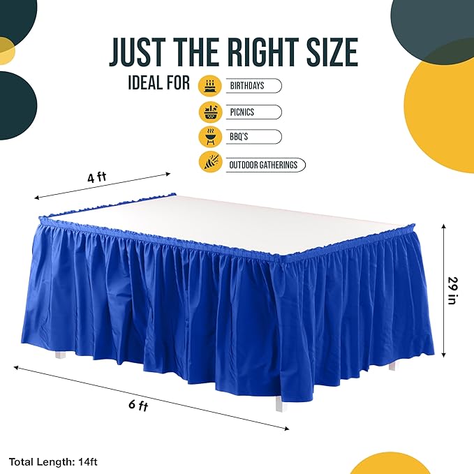 Exquisite Ruffle Table Skirt Dark Blue 6 Pack 14 Ft Long Table Skirts for Rectangle Tables 6ft Plus or Round Tables Skirts with Adhesive Strip for Gender Reveal Decor & Happy Birthday Parties