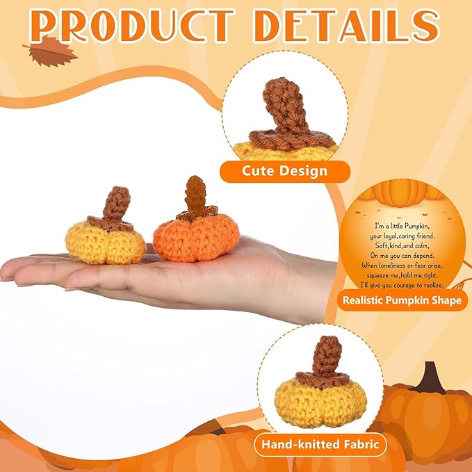 20 Sets Thanksgiving Mini Knit Pumpkin Ornaments Wool Felt Fabric Decorative Fall Pumpkins Crafts Positive Cards Organza Bags Table Hanging Decor for Autumn Party Home Shelf Wall Centerpieces