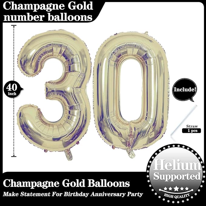 Champagne Gold 30 Number Balloons, 40 Inch Giant Number 30 Balloons Foil Mylar Helium Light Gold Number Balloons for 30th Birthday Party Supplies Anniversary Event Celebration Decorations