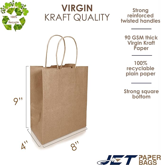 JET PAPER BAGS - 8”x4”x9” Inch [25 Pcs] Brown Paper Bags with Handles Prime for Takeout, Grocery, Goody, Retail, Party, Gifts, Weddings - Recyclable Kraft Paper Gift Bags with Handles
