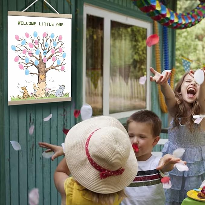 QZCYU Winnie Baby Shower Decorations, Gender Reveal Party Decorations, Gender Reveal Fingerprint Tree,Boy or Girl Gender Reveal Supplies Fingerprint Tree Canvas