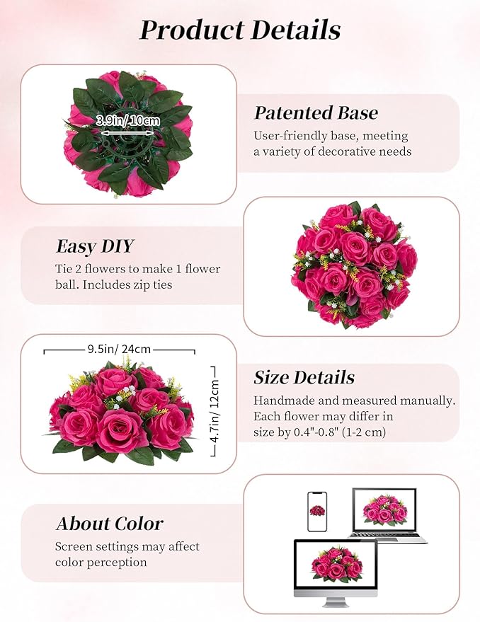 BLOSMON Hot Pink Flowers for Wedding: 10 Pcs Artificial Rose Balls for Table Decorations - Fake Silk Kissing Bouquet Floral Arrangement for Home Party Event Decoration