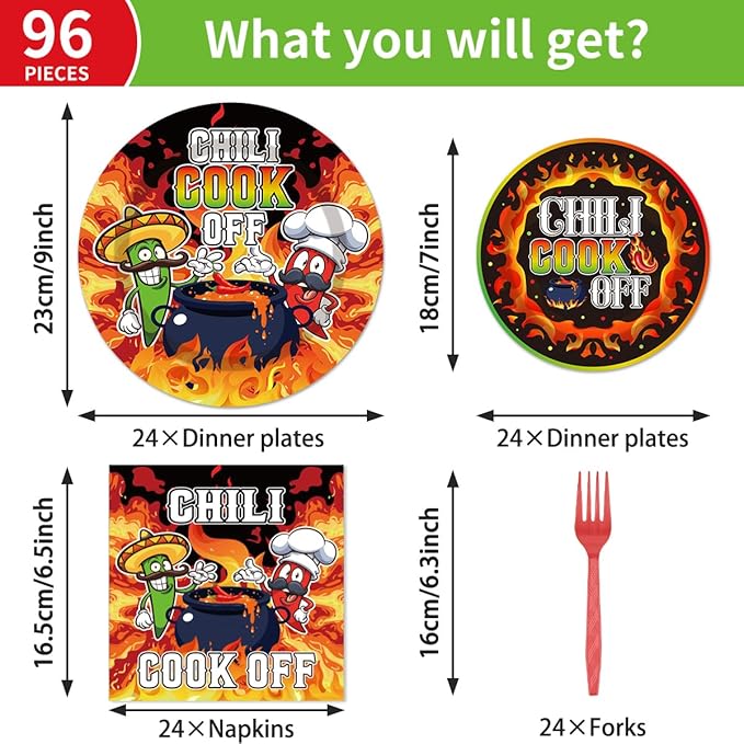 96Pcs Chili Cook Off Decorations Disposable Tableware Set - Chill Cook Off Paper Plates Napkins Forks Chili Contest Tasting Competition Party Supplies Serve 24 Guests