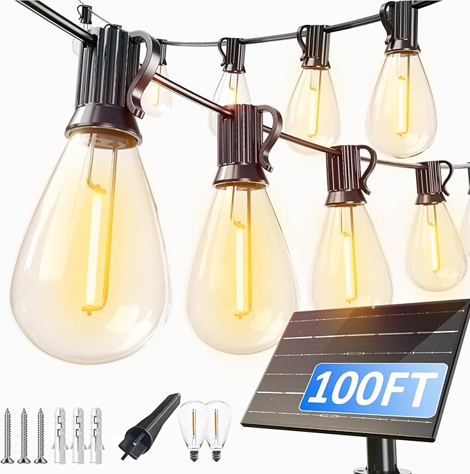 luckystyle 100FT Solar String Lights Outdoor Waterproof with 36+2 LED Bulbs Long Last for 20+Hrs, Commercial Grade Shatterproof Patio Solar Powered Lights for Camping，Backyard, Garden, Porch Decor