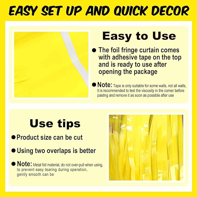 3 Pack Macaron Yellow Foil Fringe Curtains Backdrop, 3.28 x 8.2 Ft Metallic Streamers Tinsel Curtains Background for Photo Booth, Birthday, Christmas, Halloween, New Year Party Decorations