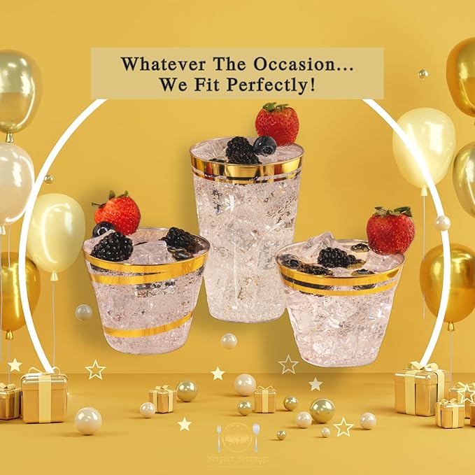 Perfect Settings 110 Gold Swirl Clear Plastic Cups 9 Ounce - Holiday Wedding Party Elegant Trimmed Disposable Cups - Fancy Wedding Cups