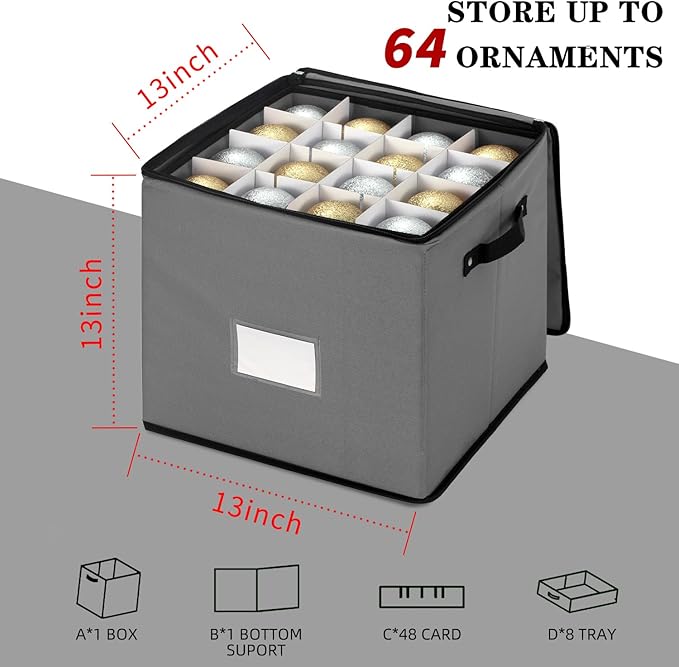 inin Christmas Ornament Storage Box with Adjustable Dividers,Christmas Ornaments Organizer with Zippered Top,Storage Container Bin for Holiday Decorations(64 Ball, Gray, Without Tray)