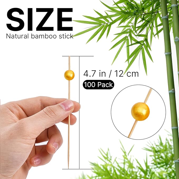PuTwo Cocktail Picks Handmade Bamboo Appetizer Toothpicks 100 Counts 4.7” Yellow Pearls