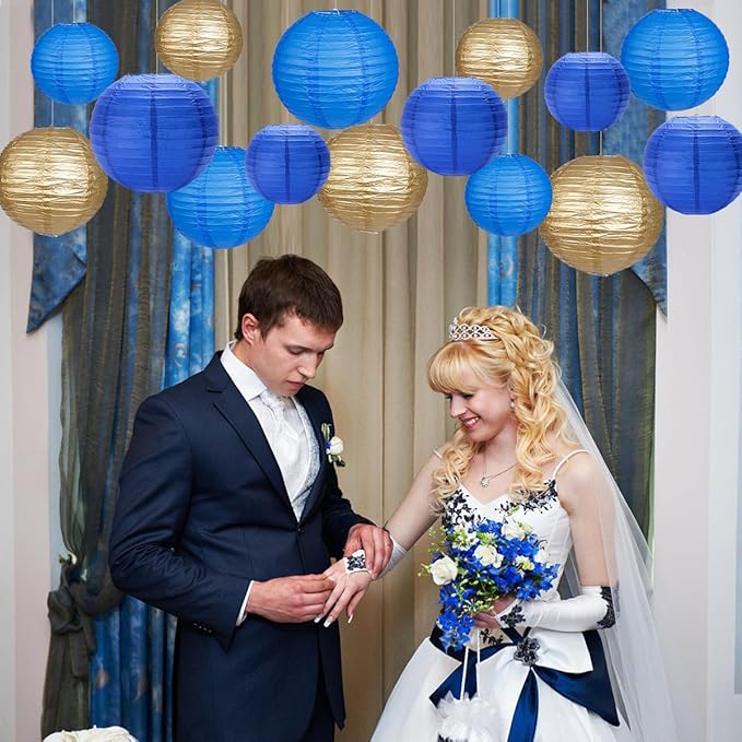 Paper Lanterns Party Decorations, Round Hanging Paper Lanterns Decorations for Graduation Anniversary Under The Sea Birthday Party Supplies Blue Gold 15pcs