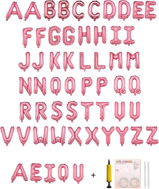 58 PCS Letter Balloons Alphabet Letters 2 Sets A- Z & 1 Sets AEIOU 16 - Inch Mylar Foil Balloons Set for Wedding/Birthdays/Annivs/Grads party Decoration Banner Custom Phrase (Pastel Pink)