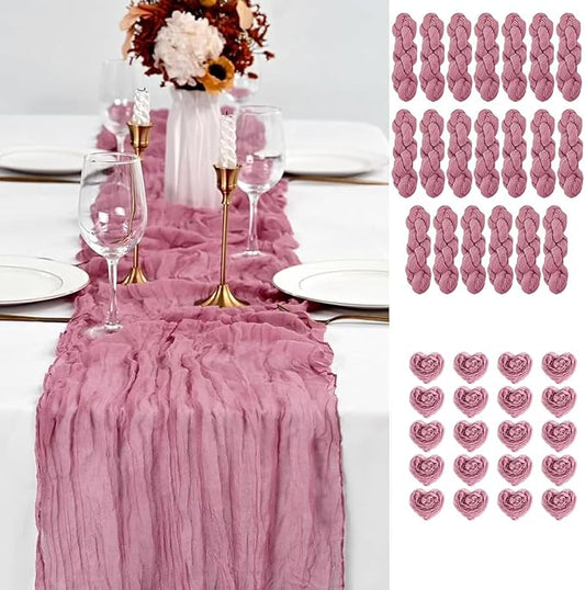 20PCS Dusty Rose Cheesecloth Table Runner 10ft Boho Gauze Fabric Cheese Cloth Table Runner Comes with 20 Cloth Napkins Runner for Romantic Wedding Birthday Shower Party Table Decoration