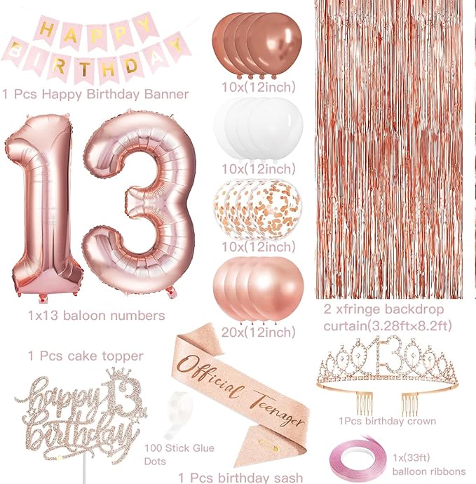 13th Birthday Decorations for Girls, Rose Gold 13th Birthday Banner, Balloon, Cake Topper, Sash and Crown, Happy 13th Birthday Party Decorations for Girls