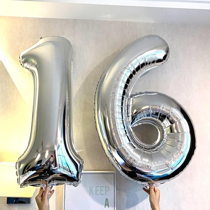 Silver 16 Number Balloons Big Giant Jumbo Large Number 16 Foil Mylar Balloons for Girl Boy Men 16th Birthday Party Supplies 16 Anniversary Events Decorations-40 inch