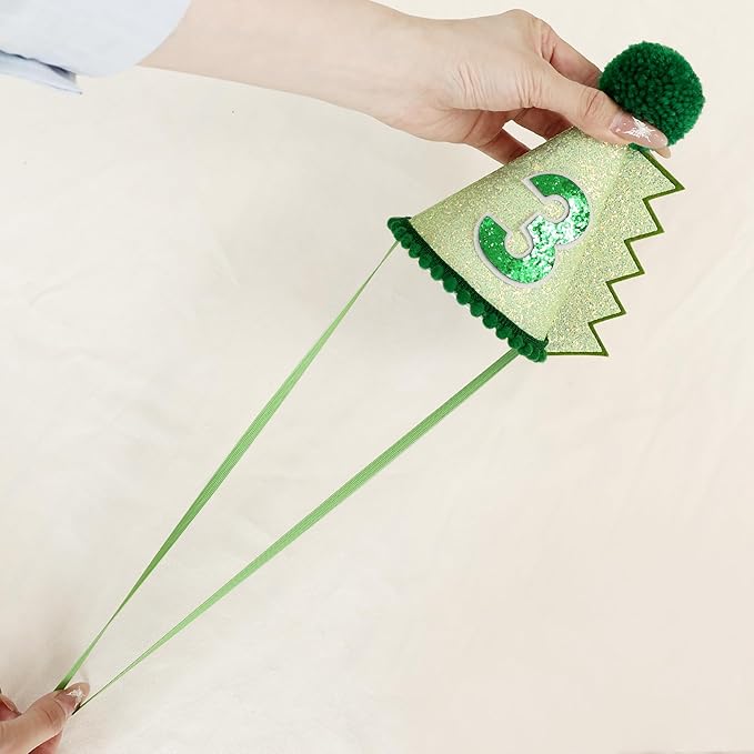 Green Glitter Dinosaur Birthday Cone Hat for 1-5 Years Old Kids Boys Dino Dinousour Birthday Hat Party Decoration