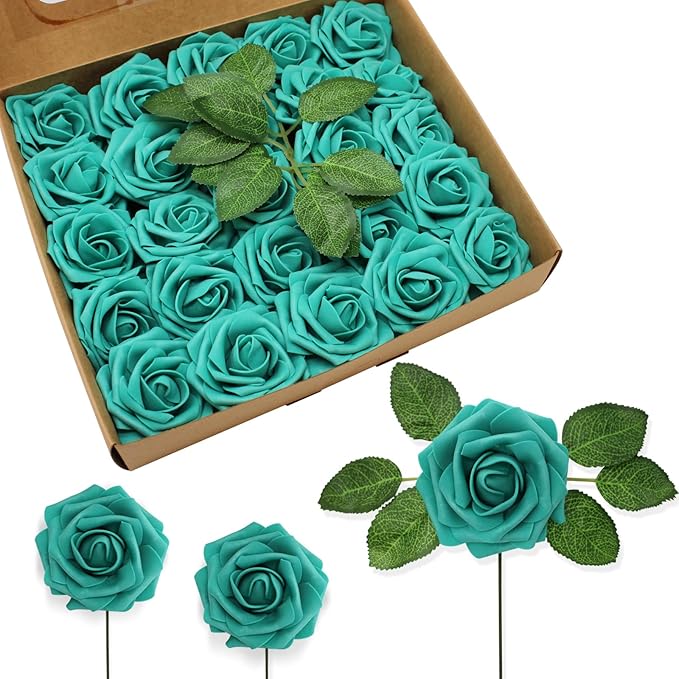 100PCS Dark Turquoise Artificial Flowers Realistic Roses, Real Looking Fake Roses with Stem for DIY Wedding Bouquets Centerpieces Bridal Shower Party Home Romantic Decorations (Dark Turquoise, 100pcs)