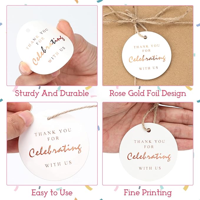 G2PLUS Thank You for Celebrating with Us Tags, 2.2 in Round Thank You Tag, White Paper Rose Gold Foil Gift Tags with String for Wedding, Party Favors